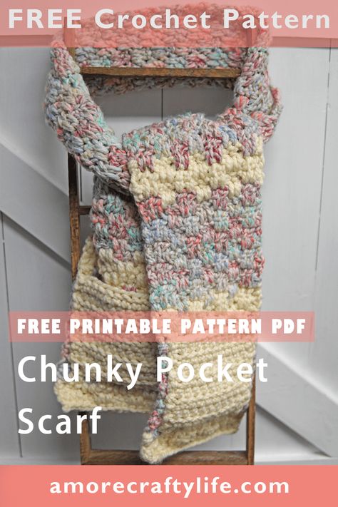 Candy Lane Chunky Pocket Scarf Crochet Pattern - A More Crafty Life Bulky Yarn Crochet, Scarf With Pockets, Pocket Scarf, Scarf Patterns, Half Double Crochet Stitch, Crochet Cowl Pattern, Pocket Scarves, Scarf Yarn, Cozy Accessories