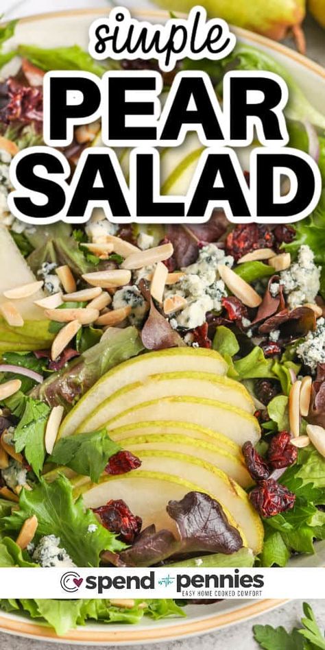 Elegant and savory-sweet, this pear salad recipe features spring greens, pears, and cheese in a homemade dressing that is perfectly balanced. It's easy to throw this gourmet salad together, with impressive results. Add-ins include arugula, goat cheese or gorgonzola, candied walnuts, or even some tangy pomegranate arils. #pearsalad #pearsaladrecipe #bestpearsaladrecipe #spendwithpennies Impressive Meals, Zucchini Latkes, Cheese Salad Recipes, Pear Salad Recipes, Sweet Dressing, Main Salad, Christmas Salad, Cold Salads, Affordable Recipes