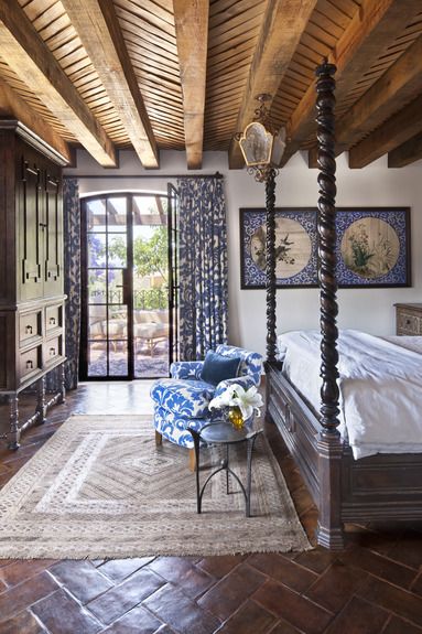 Look at that floor!  I think I could possibly recreate the look with a dark brown tile set in a herringbone pattern Spanish Style Bedroom, Made Bed, Mediterranean Home Decor, Casas Coloniales, Spanish Style Homes, Master Bed, Mediterranean Home, Bedroom Furniture Design, Mediterranean Homes