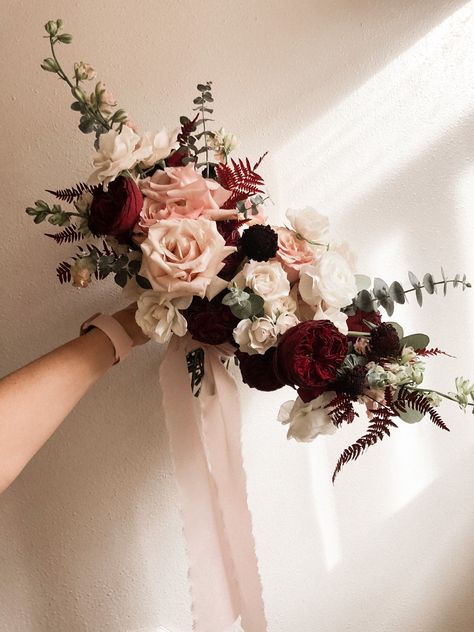 Moody Pink Wedding Flowers, Moody Romantic Garden Wedding, Moody Fall Bridal Bouquet, Winter Wedding Flowers Burgundy, Burgundy Eucalyptus Bouquet, Burgundy Pink Bouquet, Black Maroon And Pink Wedding, Moody Florals Wedding, Burgundy Blush Wedding Flowers