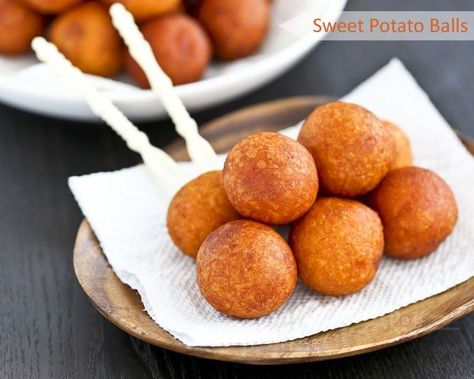 Sweet Potato Balls Recipe, Potato Dumpling Recipe, Sweet Potato Dumplings, Sweet Potato Balls, Potato Balls Recipe, Sweet Potato Rice, Gluten Free Sweet Potato, Potato Balls, Hanukkah Food