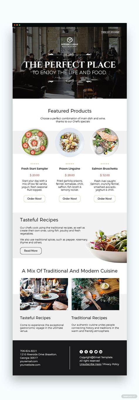 Restaurant Newsletter Design, Restaurant Email Marketing, Restaurant Email Design, Food Email Design, Restaurant Advertising Ideas, Marketing Email Template, Restaurant Newsletter, Email Newsletter Template Design, Creative Newsletter