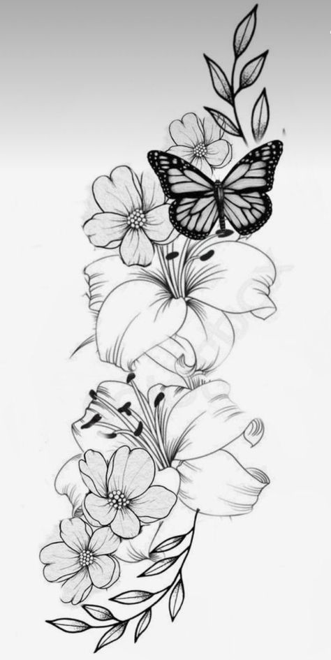 Flower Tattoos Ideas For Women, Lilies Flowers Tattoo Designs, Flower And Butterfly Tattoo Sleeve Stencil, Beautiful Half Sleeve Tattoos For Women, Elegant Leg Sleeve Tattoo, Half Sleeve Designs For Women, Peonie Flower Tattoo Designs, Flower Stencils Tattoo, Half Sleeves Tattoo For Women