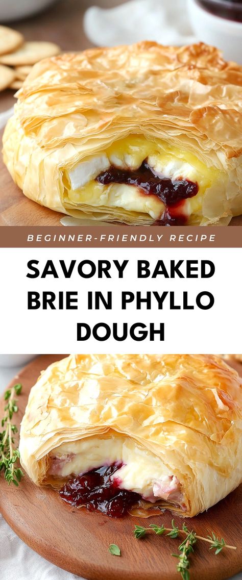 Image for Savory Baked Brie in Phyllo Dough Brie Wrapped In Phyllo, Brie Cheese Recipes Phyllo Dough, Baked Brie With Phyllo Dough, Layered Phyllo Pastry With Brie, Brie And Phyllo Dough, Brie Recipes Baked Phyllo Dough, Holiday Baked Brie Recipes, Phyllo Dough Asparagus Recipes, Baking With Phyllo Dough