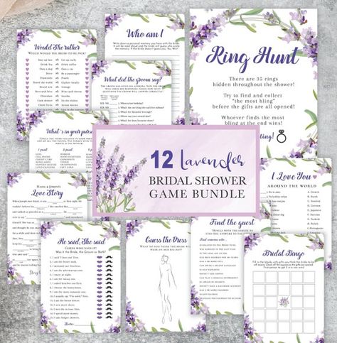 12 Lavender Bridal Shower Game Bundle Set Editable Instant | Etsy Wedding Shower Lavender, Lavender Bridal Shower Invitations, Bridal Shower Ideas Lavender, Lavender And White Bridal Shower Ideas, Bridal Shower Lilac Decor, Purple Themed Bridal Shower Ideas, Bridal Shower Lilac Theme, Light Purple Bridal Shower Ideas, Lavender Bridal Shower Decorations