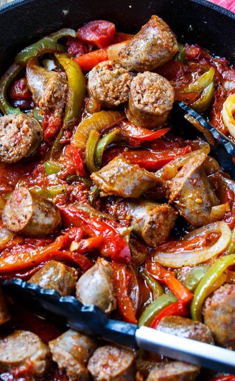 Italian Sausage and Peppers - Spicy Southern Kitchen Sausage And Peppers Crockpot, Italian Sausage And Peppers, Fettucini Alfredo, Healthy Italian Recipes, Sausage Dinner, Italian Sausage Recipes, Sausage Dishes, Healthy Italian, Southern Kitchen