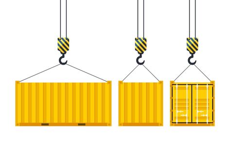 Cargo container hanging on a crane hook. Port crane. Worldwide delivery. Vector illustration Container Illustration, Crane Hook, Port Crane, Cargo Container, Cityscape Photos, Logo Banners, Nature Backgrounds, Heart With Arrow, Background Banner