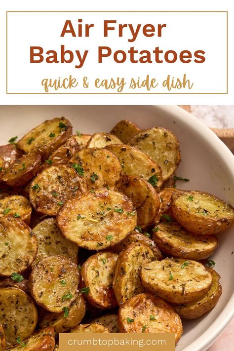 Air Fryer Baby Potatoes are a quick and easy side dish. Just toss with oil and simple seasonings and air fry until golden, crispy and tender! Air Fry Golden Potatoes, Easy Air Fryer Potatoes, Air Fryer Baby Potatoes, Air Fryer Roasted Potatoes, Air Fryer Chips, Quick Easy Side Dishes, Air Fry Potatoes, Dairy Free Dips, Air Fryer Potatoes