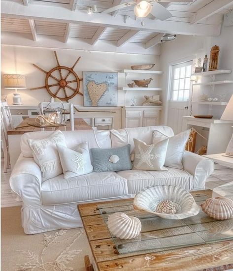 Beachy Boho Living Room, Rustic Beach Cottage, Coastal Living Rooms Ideas, Beach Cottage Ideas, Coastal Granddaughter Aesthetic, Living Rooms Ideas, Granddaughter Aesthetic, Chic Beach House, Cabin Theme