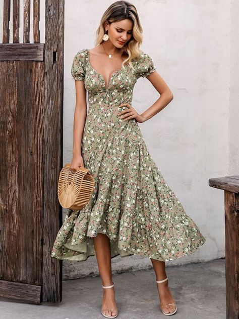 Notched Neck Ruffle Hem Floral Flowy Dress | SHEIN Flowy Floral Dress, Flowy Summer Dresses, Floral Print Midi Dress, Bohemian Floral, Vestidos Vintage, Puffed Sleeves Dress, Neck Ruffle, Everyday Dresses, Printed Midi Dress