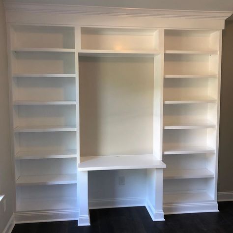 Book Shelves With Desk In Middle, Built In Bookcase And Desk, Desk With Built In Bookshelves, Desk Bookcase Combo, Bookcase And Desk Wall, Bookshelf Desk Combo, Built In Bookshelves With Desk, Basement Bookcase, Hallway Bookshelf