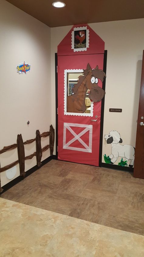 Horse Preschool Craft, Farm Door Decorations Classroom, Farm Animal Classroom Theme, Farm Classroom Door, Farm Vbs Decorations, Farm Classroom Theme Decor, Farm Vbs, Wild West Crafts, Farm Classroom Theme