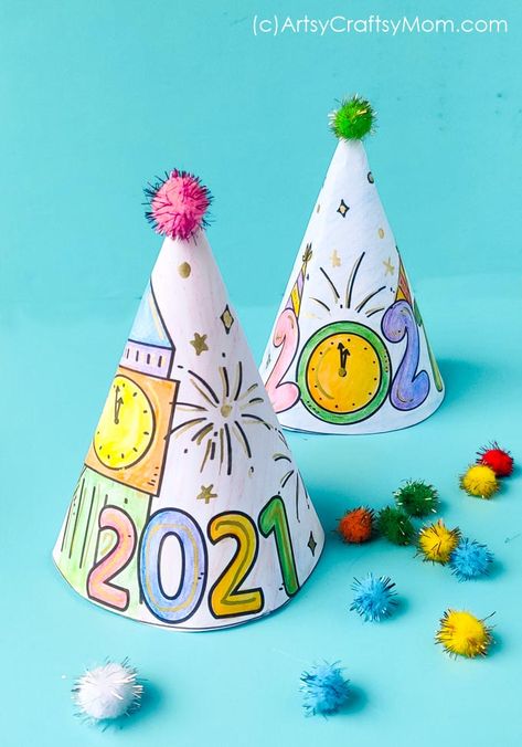 FREE 2021 New Years Eve Hats for Kids to Color - Artsy Craftsy Mom Party Hat Template Printable Free, Monthly Traditions, Hat Crafts For Kids, Winter Homeschool, Coloring Party, New Year's Eve Crafts, Happy New Year Party, Kids New Years Eve, New Years Hat