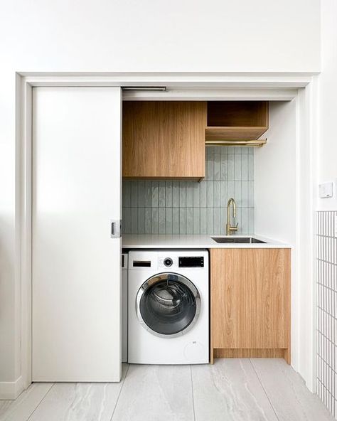 Laundry Behind Doors, European Laundry In Bathroom, Laundry Room Behind Doors, Laundry Shower Room, Corridor Laundry Room, Sliding Door Washing Machine, Laundry Sliding Door, Laundry Behind Sliding Doors, Sliding Door Laundry Room