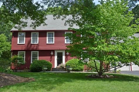 Garrison Colonial Exterior, Garrison Colonial, Wire Chandelier, Colonial Exterior, Green Door, Side Yard, Red Barns, Beige Walls, Decorative Trim