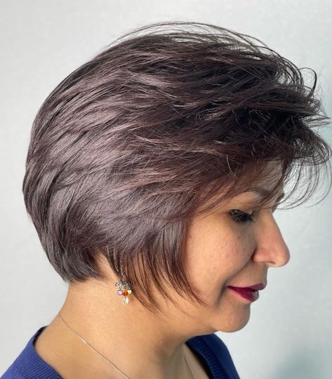 Feathered Chin Length Crop Haircut For Women Over 50, Layered Bob Haircut, Bangs And Glasses, Feathered Bob, Layered Bob With Bangs, Short Layered Bob Haircuts, Feathered Hair, Feathered Bangs, Haircut For Women