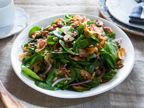 Warm Spinach Salad with Pancetta Dressing recipe from Food Network Specials via Food Network Warm Spinach Salad, Tiffani Thiessen, Spinach Salad Recipes, Cooking Channel, Food Blogs, The Best Recipes, Spinach Salad, Top Recipes, Dressing Recipe