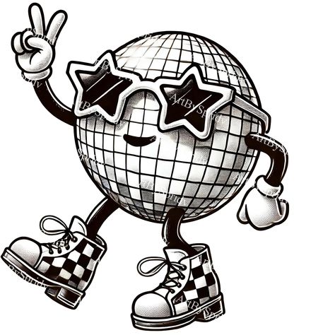 Disco Ball Line Drawing, Retro Disco Party Decor, Disco Drawing, Disco Sign, Retro Disco Ball, Unique Clipart, Ball Character, Dance Theme, Star Sunglasses