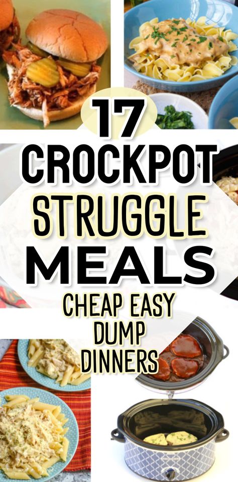 Dump and go crockpot dinners – 19 super simple crock pot “struggle” meals to throw together when money is tight and the eaters are picky! CHEAP and easy slow cooker recipes that only require dumping a few ingredients in a crockpot ahead of time – and then a yummy comfort food dinner is ready at mealtime that even your picky eaters will love for school night meals on busy weeknights. The easiest Dump It crock pot recipes for large family dinners on a budget. Easy Crockpot Dump Meals, Struggle Meals, Crockpot Dump Recipes, Cheap Family Meals, Easy Crockpot Dinners, Best Crockpot Recipes, Large Family Meals, Crockpot Dinners, Dump Dinners