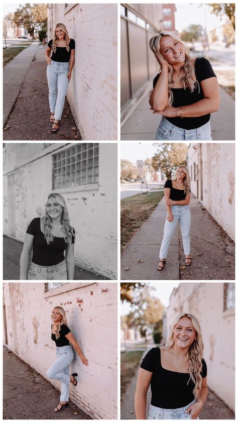 Sr Picture Poses, Fun Senior Session Ideas, Collage Senior Pictures, Photo Poses With Chair, Brick Senior Pictures, Senior Girl Photoshooting Ideas, Senior Girls Posing Ideas, Brick Building Senior Pictures, Posing Ideas For Women Standing