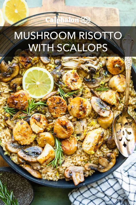 #Calphalon #CalphalonKitchen #CookwithCalphalon #CalphalonCooks #CookAtHome #HomeCooking #HomemadeCooking #Cookware #Kitchenware #KitchenTools #HomeKitchen #HomeChef #Cook #Chefstagram #Cutlery #Bakeware #Appliances #Cookware #Recipe #Risotto Scallops And Mushrooms Recipe, Scallop Risotto Recipes, Risotto With Scallops, Fun Recipes To Make, Risotto Recipes Easy, Calphalon Cookware, Creamy Risotto, Scallops Recipe, Shrimp Risotto