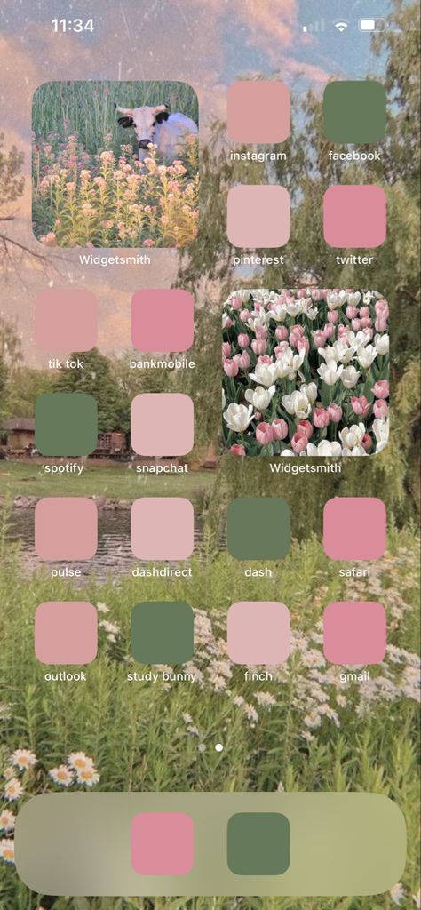 Spring Ios 16 Wallpaper, Spring Theme Wallpaper, Ios 16 Home Screen Ideas Flowers, Pastel Iphone Layout, Flower Homescreen Layout, Cute Widget Themes, Pink And Green Home Screen, Spring Aesthetic Homescreen, Spring Homescreen Aesthetic