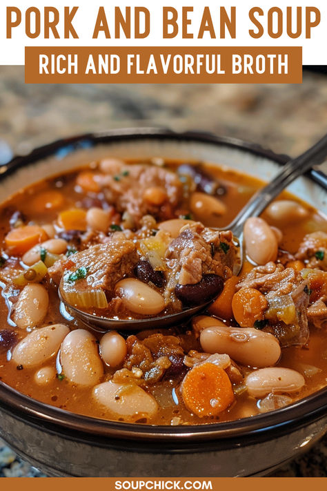 Pork And Bean Soup Pork And Bean Soup Recipes, Pork And Beans Soup, Pork And Bean Stew, Pork And Beans Recipe Homemade, Pork N Beans Recipe, Pork Loin Soup, Pork Bean Soup, Pork Tenderloin Soup, Pork Chops And Beans Recipe