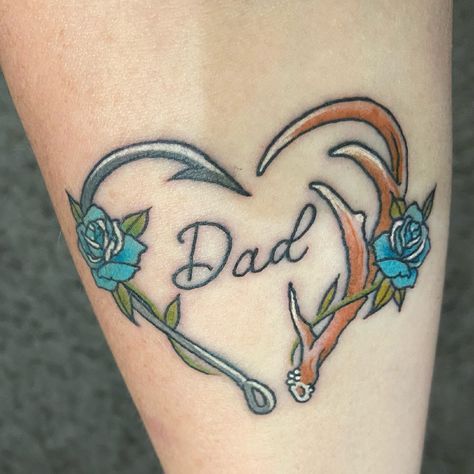 Fishing Hook And Deer Antler Tattoo, Fish Hook And Antler Tattoo Heart, John Deer Tattoo Ideas, Hunter Memorial Tattoo, Fish Hook And Deer Antler Tattoo, Remeberance Tattoos Dad, Antler Heart Tattoo, Tractor Tattoo Memorial, Fish Hook Heart Tattoo