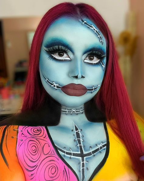 Jack Skellington Makeup Female, Sally Skellington Makeup, Disney Halloween Makeup, Sally Makeup, Spooky Makeup, Nightmare Before Christmas Costume, Handmade Halloween Costumes, Sally Costume, Holloween Makeup