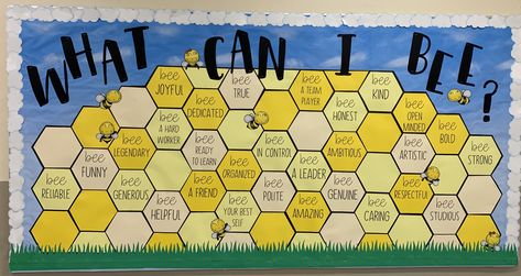 What Can I Bee? What Can I Bee Bulletin Board, What Can I Bee, Bee Bulletin Boards, Kindergarten Classroom Design, Counselor Bulletin Boards, Aspiration Board, Honey Bee Theme, Kindness Week, Birthday Boards