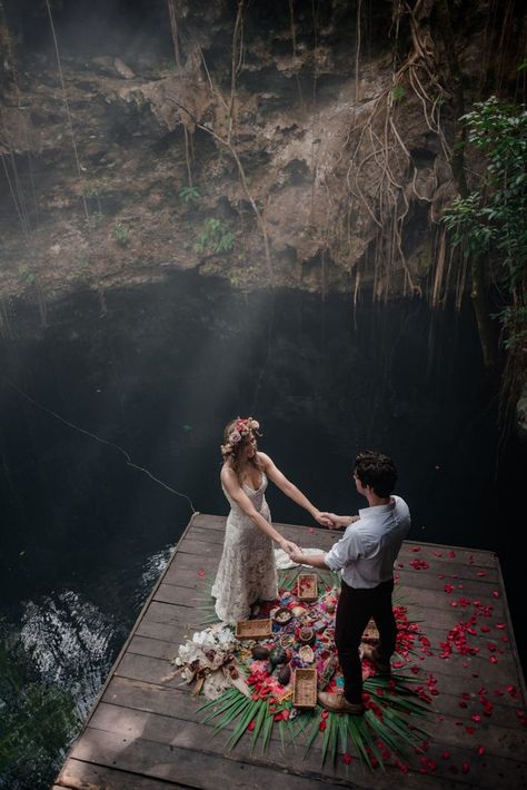 This couple ditched traditional wedding plans and opted for a spiritual experience in a Tulum cenote | Images by That Moment Photo + Andre Gouin Irish Wedding Traditions Handfasting, Bobo Wedding, Cenote Wedding, Dark Wedding Theme, Pagan Wedding, Tulum Wedding, Boda Mexicana, Hippie Wedding, Wedding Rituals