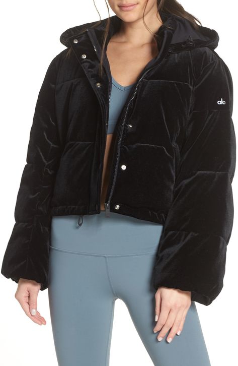 Alo Velvet Puffer Jacket available at #Nordstrom Velvet Puffer Jacket, Dress Closet, Puffer Jacket Women, Black Yoga, Types Of Jackets, Jacket Coat, Puffer Jacket, Black Velvet, Puffer