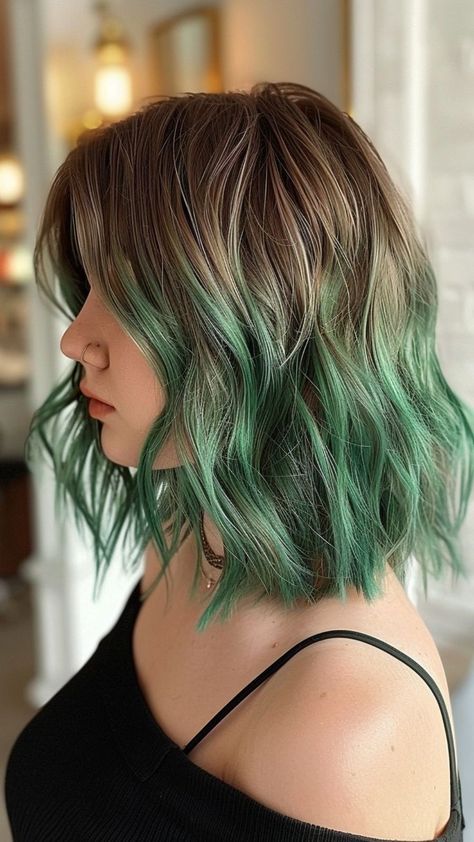 Good Colors For Brown Hair, Green Bayalage Hair Brunettes, Brown To Green Hair, Brown To Green Ombre Hair, Brown Hair With Green Tips, Green Streaks In Hair, Hair Dye Colors For Brunettes, Green Tips Hair, Brown Hair With Colored Tips