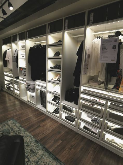 Ikea Wardrobe Custom, Pax Wardrobe Lighting, Ikea Dressing Room Ideas, Ikea Pax Shoe Storage, Pax Wardrobe Layout, Aurdal Closet Ikea, Ikea Walk In Wardrobe, Pax Inspiration, Ikea Pax Wardrobe Ideas