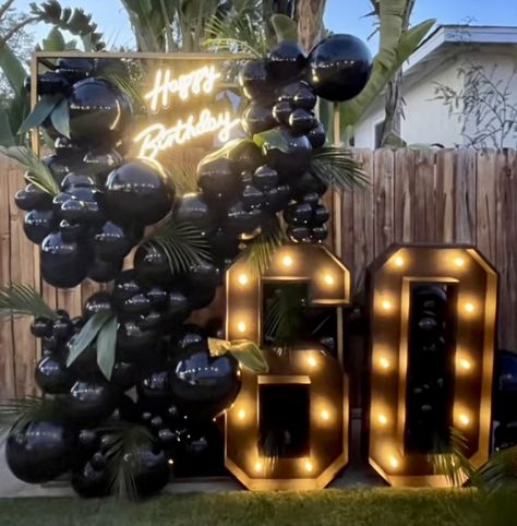 Manly Party Decor, Men 60th Birthday Party Ideas Decoration, Men's 30th Birthday Ideas, Industrial Birthday Party, Large Picture Display Ideas For Party, Men Backdrop Ideas, All Black 60th Birthday Party, 60 Birthday Backdrop Ideas, Balloon Garland For Men Birthday