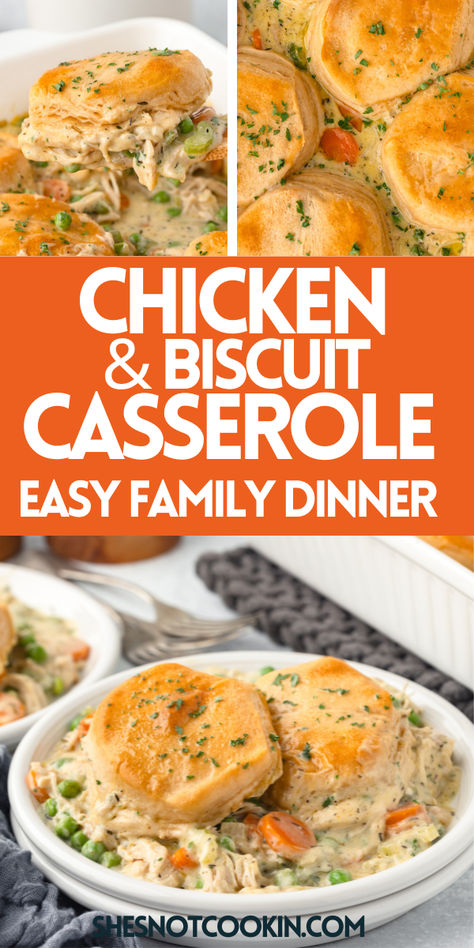 Chicken casserole recipe on a white plate. Easy Chicken Biscuit Recipes, Chicken Pot Biscuit Recipe, Chicken On A Biscuit Recipe, Chicken And Biscuits Casserole Recipes, Shredded Chicken Biscuit Recipes, Breaded Chicken Casserole Recipes, Chicken And Biscuit Casserole Pillsbury, Homemade Chicken And Biscuits, Easy Chicken Biscuit Casserole