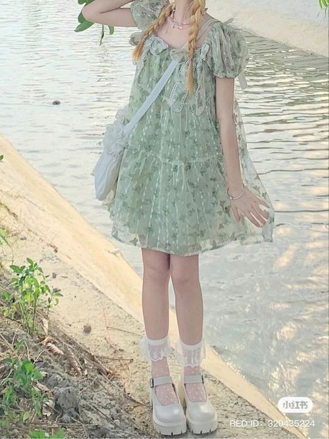 Cute Dresses Floral, Green And Pink Dress Outfit, Matcha Outfit Aesthetic, Fairy Core Concert Outfit, Kawaii Spring Outfits, Soft Fairy Core Outfits, Summer Kawaii Outfits, Fairy Fashion Inspired Outfits, Cottagecore Outfits Summer