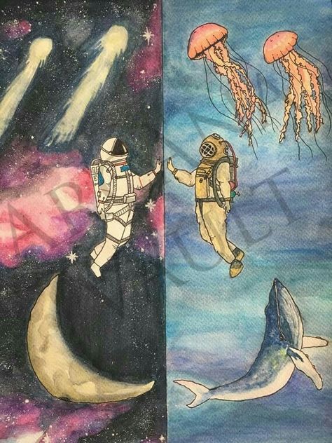 Astronaut And Diver, Eva Suit, Astronomy Tattoo, Trippy Drawings, Diving Helmet, Astronaut Art, Salon Art, Funny Art, Space Art