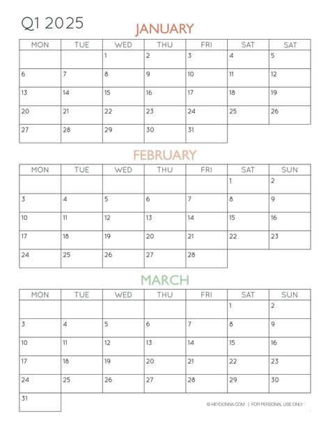 2025 3-Month Quarterly Calendar Printables - FREE - Hey, Donna! 3 Month Calendar, Quarterly Calendar, Planning Calendar, Monthly Calendars, Printables Free, Free Printable Calendar, Command Center, Printable Calendar, Calendar Printables