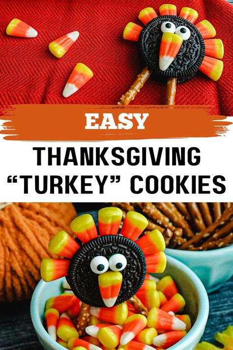 Here’s an adorable Thanksgiving Turkey Cookie recipe that starts with a simple package of Oreos + pretzel sticks that even the littles can help with! Recipe With Pretzels, Thanksgiving Oreo Turkeys, Turkey Pretzel Treats, Cute Thanksgiving Desserts, Oreo Turkey, Thanksgiving Turkey Cookies, Easy Thanksgiving Turkey, Turkey Cookie, Pretzel Treats