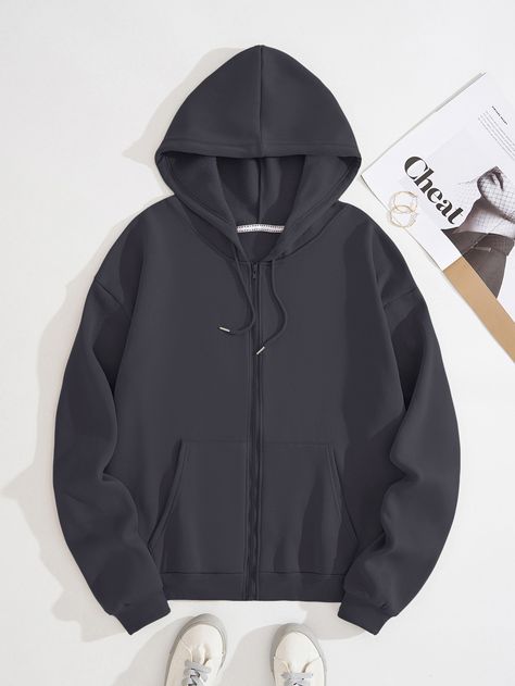 SHEIN EZwear Plus Solid Zip Up Drawstring Thermal Lined HoodieI discovered amazing products on SHEIN.com, come check them out! Lined Hoodie, Hoodie Outfit, Long Sleeve Knit, Amazing Products, Plus Clothing, Dark Grey, Zip Ups, Knitted Fabric, Plus Size