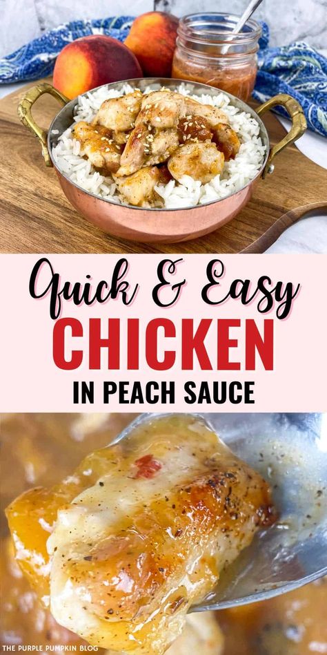 The flavors of chicken and peaches blend beautifully together and so this Chicken in Peach Sauce dish, served with rice, is both different and delightful. Made with chicken and savory peach compote and combined with rosemary, garlic, and chili it is super quick and easy. Chicken With Peach Preserves, Chicken And Peaches, Peach Dish, Quick Easy Chicken, Peach Chicken, Peach Compote, Peach Sauce, Chicken Over Rice, Savory Rice