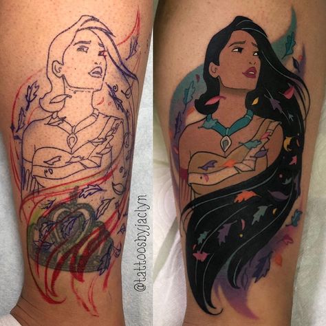 🦄Jackie Huertas 🌈 no Instagram: “Some cover up action on the lovely Jasmine! Thanks so much for the trust babe! You sat like an absolute boss! #tattoo #tattoos #disney…” Disney Tattoos Pocahontas, Disney Tattoo Ideas, Boss Tattoo, Tattoos Disney, Disney Inspired Tattoos, Disney Sleeve Tattoos, Disney Sleeve, Pocahontas Tattoo, Disney Princess Tattoo