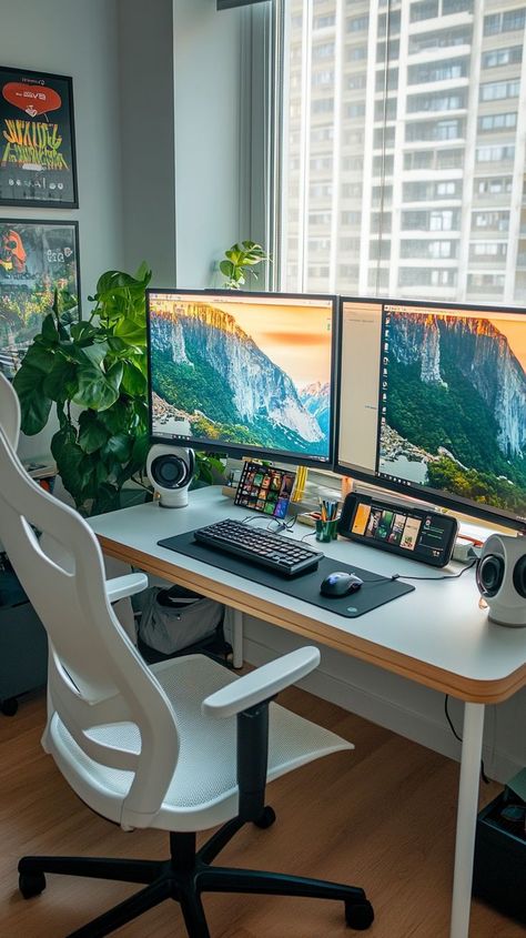 Modern home office with mountain scenery wallpapers on dual monitors, white desk, ergonomic chair, and indoor plants for productivity and comfort. Work From Home Setup, Home Setup, Mountain Scenery, Work Place, Desk Space, Office Desks, Modern Home Office, Home Office Setup, Home Office Space