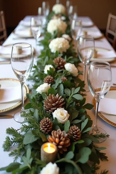 25 Winter Wedding Decor Ideas That'll Warm Your Heart Pine Needle Wedding Decor, Pine Winter Wedding Centerpieces, Winter Bud Vases, Evergreen Wedding Centerpiece, January Wedding Centerpieces, Pine Cone Wedding Decorations, Pine Wedding Decor, Small Christmas Wedding, Winter Greenery Centerpiece