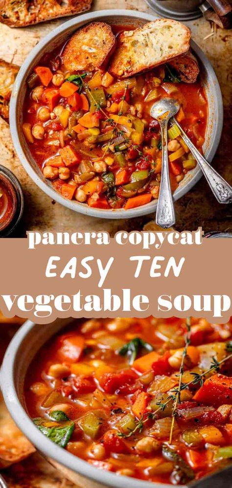 Panera Copycat Hearty 10 Vegetable Soup - thank you berry much Chickpea Vegetable Soup, Meatless Vegetable Soup, Roasted Vegetables Soup, Panera Soup Recipes Copycat, 10 Vegetable Soup Panera Recipe, Hearty Vegetable Soup Recipes, Panera Vegetable Soup Recipe, Panera Copycat Soup, Panera Ten Vegetable Soup Recipe