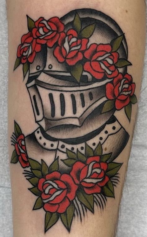 Traditional Shield Tattoo, Tartan Tattoo, Knight Tattoo Traditional, Traditional Medieval Tattoo, American Traditional Knight Tattoo, Traditional Crown Tattoo, Traditional Knight Helmet Tattoo, Knight Traditional Tattoo, Medieval Traditional Tattoo