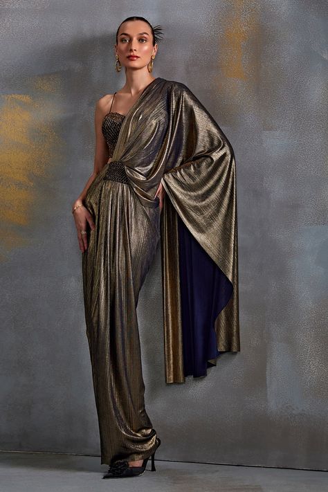 Shop for these amazing collections of Gold Jersey Embellished Cutdana Foil Draped Concept Saree With Blouse For Women by Namrata Joshipura online at Aza Fashions. Metallic Saree, Concept Saree, Shimmer Saree, Farewell Sarees, Drape Saree, Embellished Blouse, Metal Fashion, Blouse For Women, Buy Gold