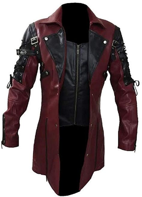 Mens Real Black and Red Leather Goth Matrix Trench Coat Steampunk Gothic - T18 (4X-Large, Black and Red) Gothic Trench Coat, Goth Tops, Jaket Motor, Steampunk Top, Steampunk Jacket, Mode Steampunk, Gothic Jackets, Gothic Tops, Pu Leather Jacket