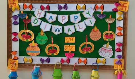 Diwali Board Border Ideas, Diwali Decoration Ideas For Preschool, Soft Board Decoration For Diwali, Tihar Decoration, Diwali Bulletin Boards For School, Diwali Notice Board Decoration, Diwali Soft Board Decoration, Diwali Chart For School Board, Diwali Bulletin Board Ideas